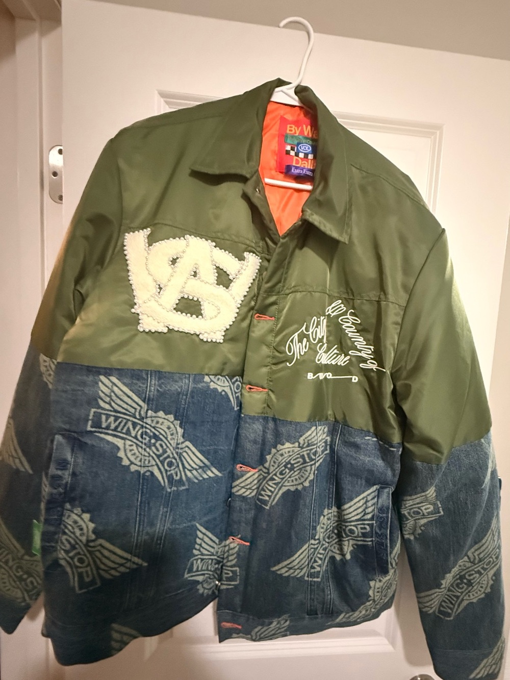 Limited Edition Wingstop Patchwork Olive Green & Denim Bomber Jacket by ByW&?